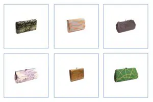 Collection of vintage kimono purses displayed in a grid, highlighting unique, traditional Japanese designs.