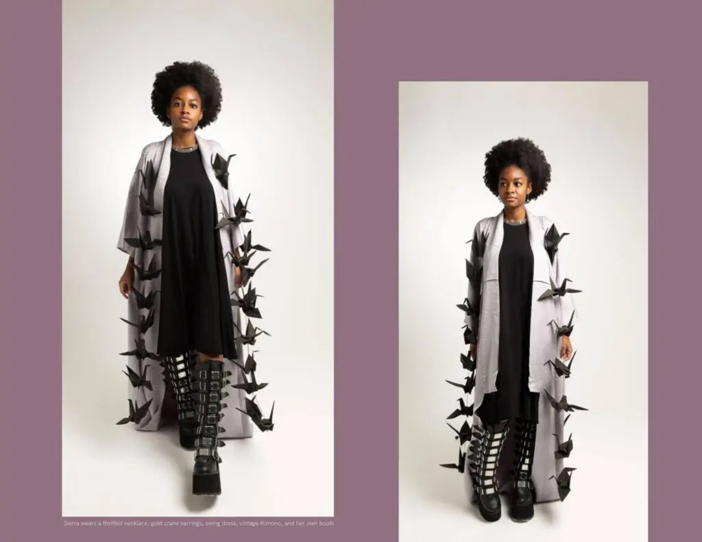 A collage of two headshots of a model wearing a long shirt with many paper bats attached to it - Tokyo Portrait Photographer