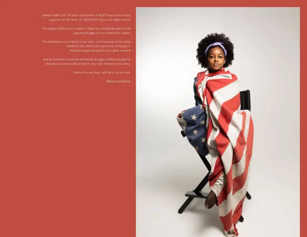 A black teenage girl draping a country's flag over the dress representing black lives matter - Tokyo Portrait Photographer