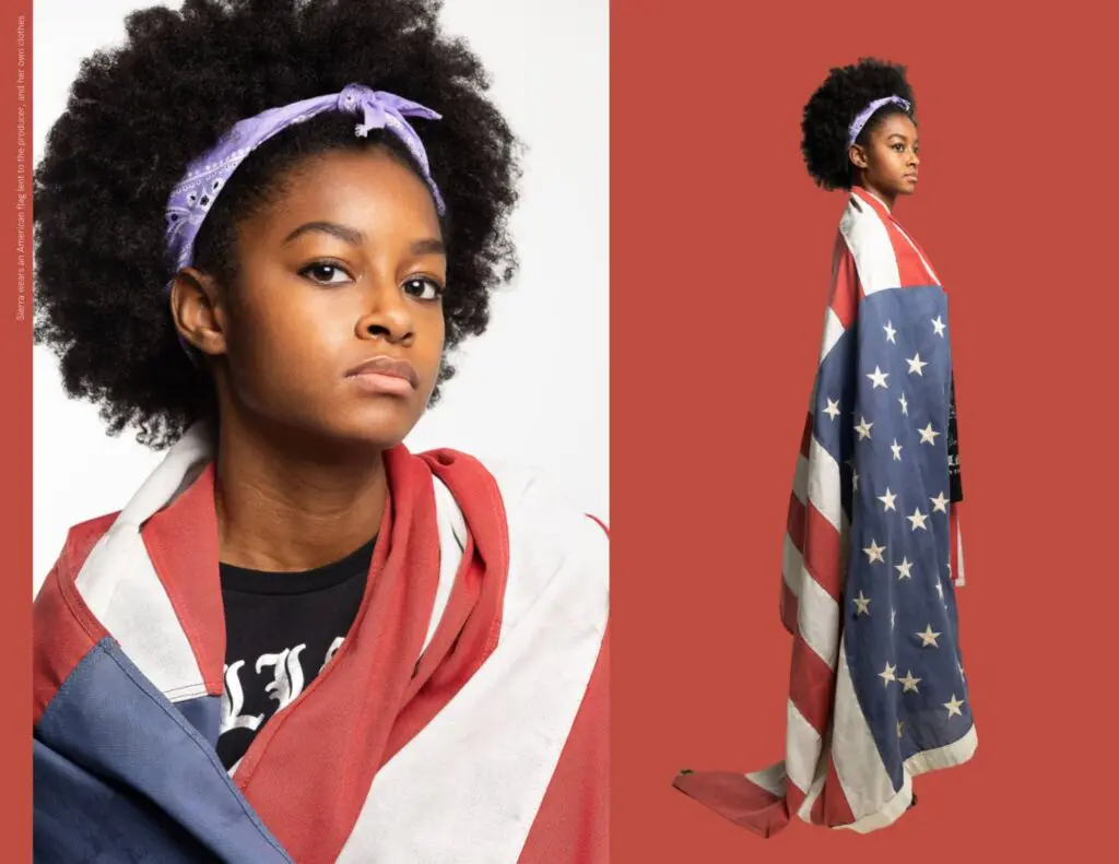 A headshot, and a standing shot of a black young teenage girl draping a flag over her dress - Tokyo Portrait Photographer