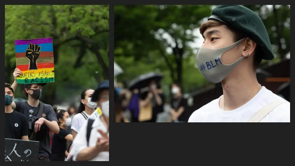A collage of two, a man in mask, and a man with a placard against racism - Tokyo Portrait Photographer, Photographer in Tokyo