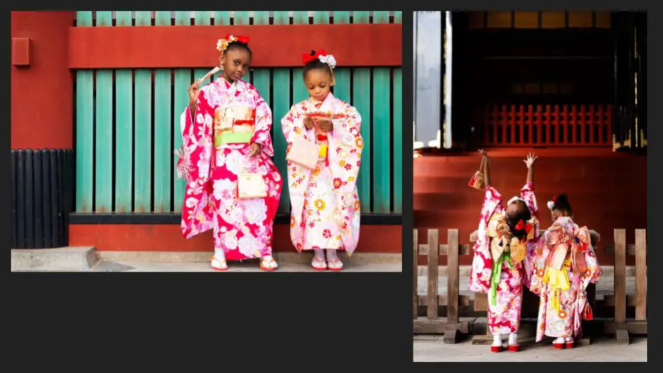 A collage of two portraits, two little girls wearing a Japanese festive dress at a shrine - family photography