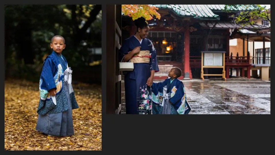 A collage of two, a woman with a child on a shrine, and a child facing the camera - family photography, lifestyle photography