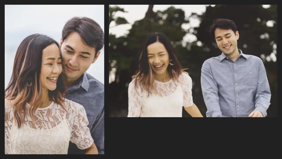 A collage of a young couple smiling joyfully at a beach in the daylight - family photography, lifestyle photography