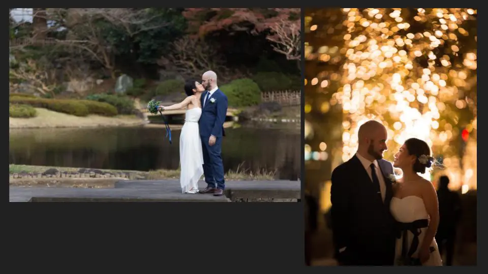 A collage of a wedding couple, one is a daylight portrait, and the other is in nighttime - family photography