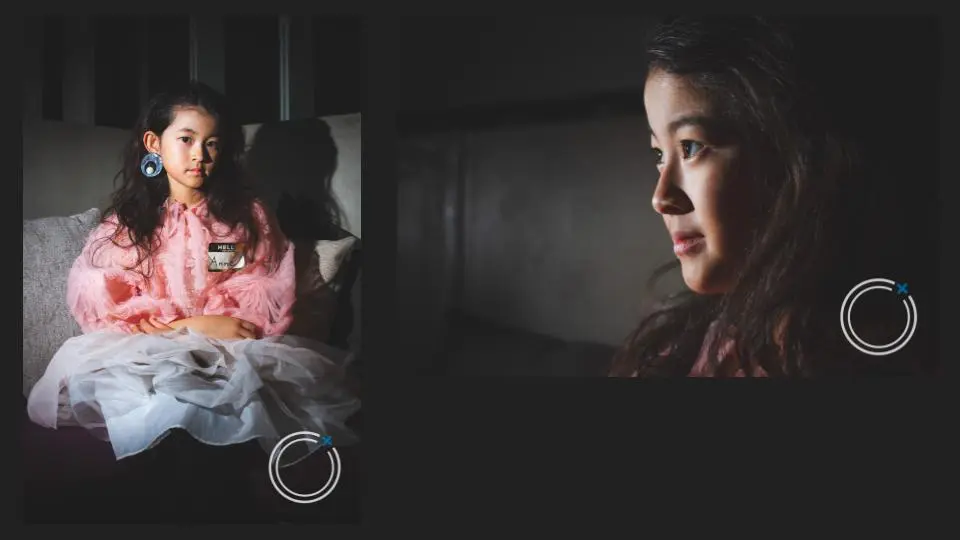 A collage of two headshots of a cute little girl in different poses indoors - lifestyle photography, Headshot photos