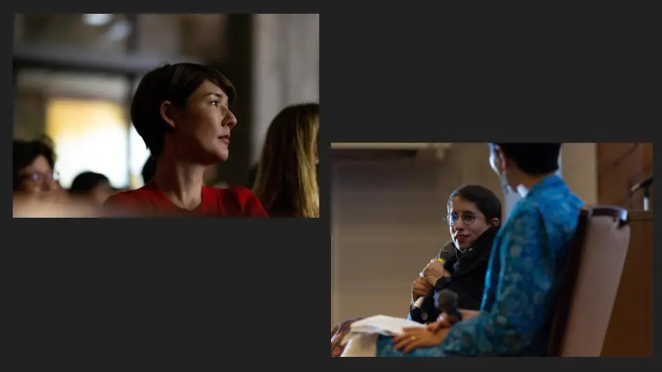 Collage of two, a woman speaker on a stage, & people listening in a conference - Event photographer, Tokyo Event Photography