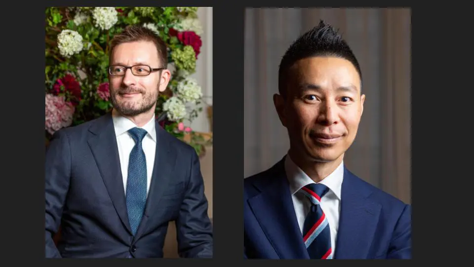 A collage of two professional men in blue suit coats and tie, with happy expressions - Tokyo Portrait Photographer