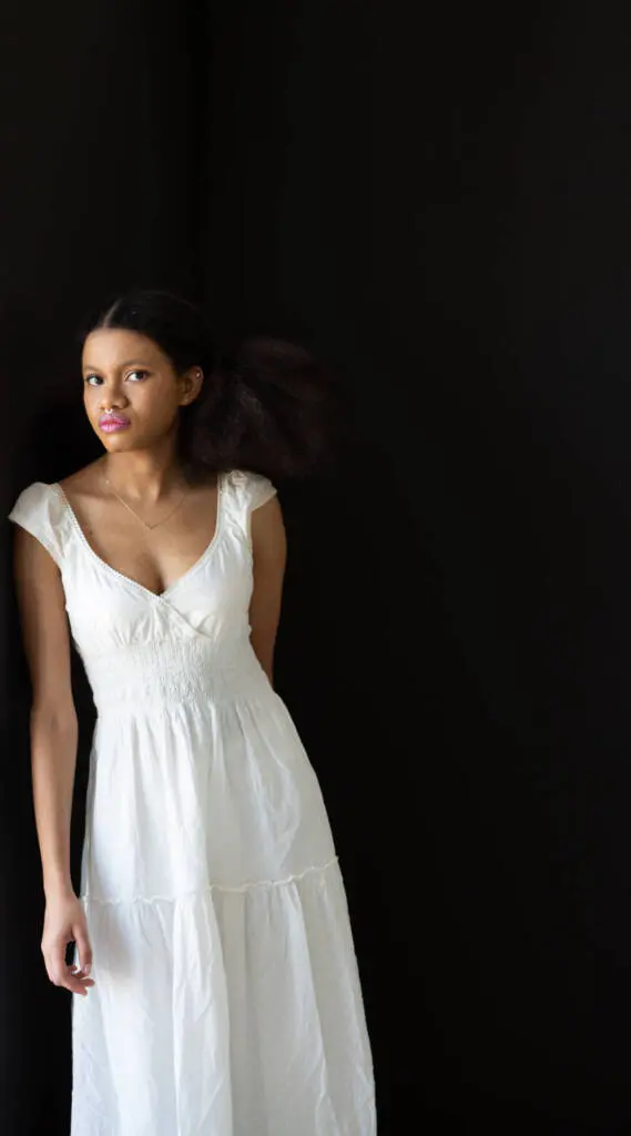 A beautiful young woman in a white wedding maxi standing with the wall corner - Tokyo Portrait Photographer, Headshot photos