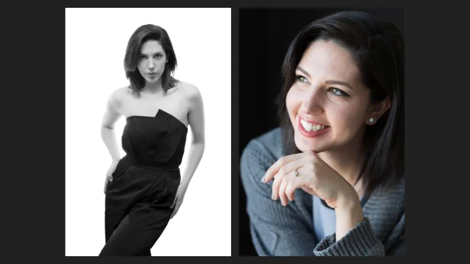 A collage of a black & white, and a colored photo of a model smiling & posing - Tokyo Portrait Photographer, Headshot photos