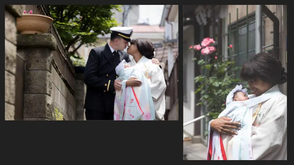 Collage of two, a woman with her new born baby, and along with her husband in a romantic pose - family photography