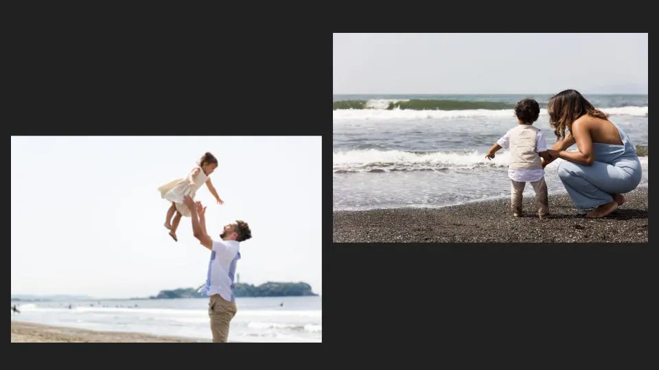 A collage of two, father flying his daughter & a mother with his son on a beach - family photography, lifestyle photography