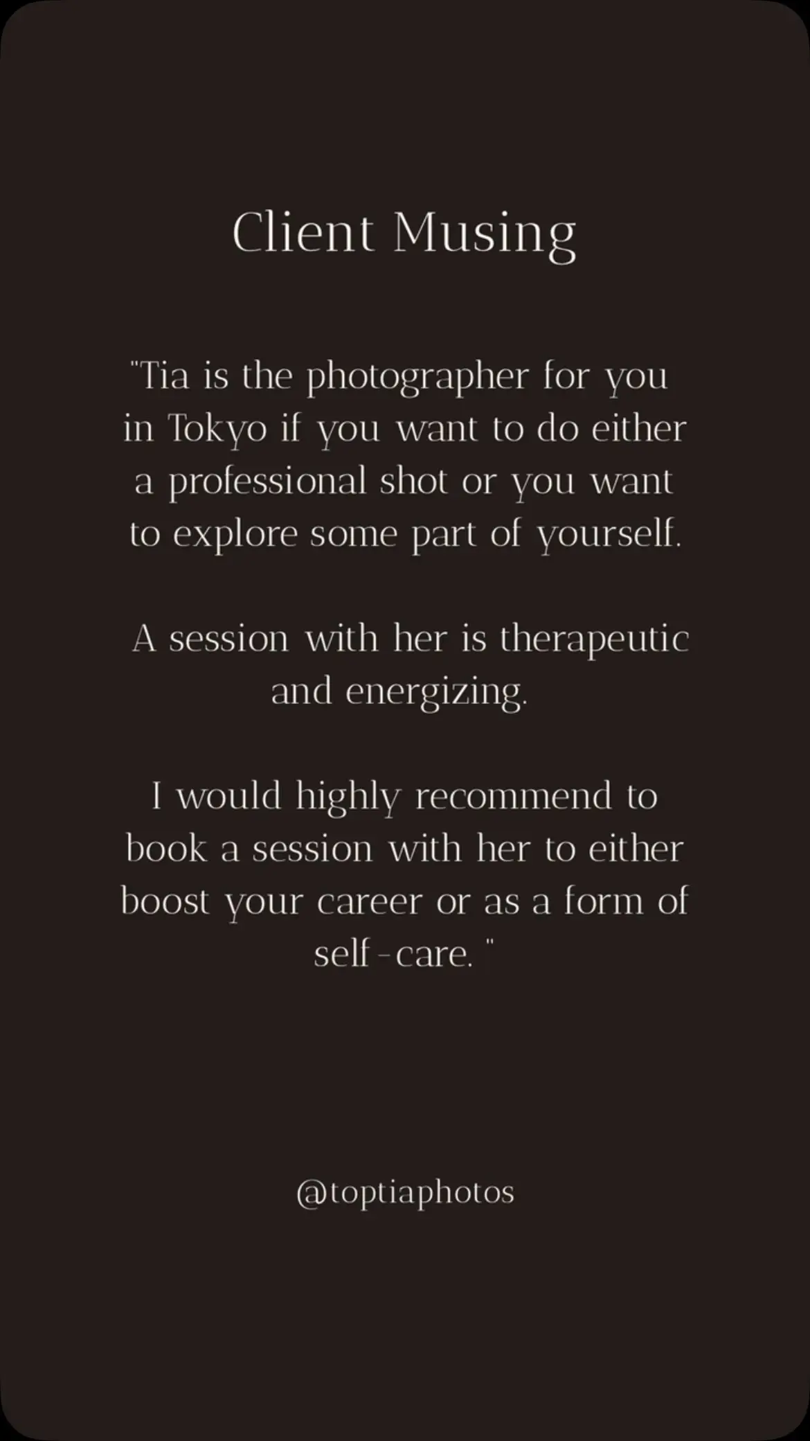 There’s no greater compliment than hearing that a client walked away feeling more confident, more seen, and more like themselves. Our headshot and portrait photography sessions help clients:Build a stronger personal brand.
Step into new opportunities with confidence.
Celebrate milestones that deserve to be remembered.
See themselves with fresh eyes.If you’re building your career, celebrating a milestone, elevating your leadership presence, or simply choosing yourself for once, every session is designed to meet you where you are.We’d love to help you create portraits that feel as true to who you are as this experience felt to our client.#toptia #toptiaportaits #photographerintokyo #photographer #tokyo