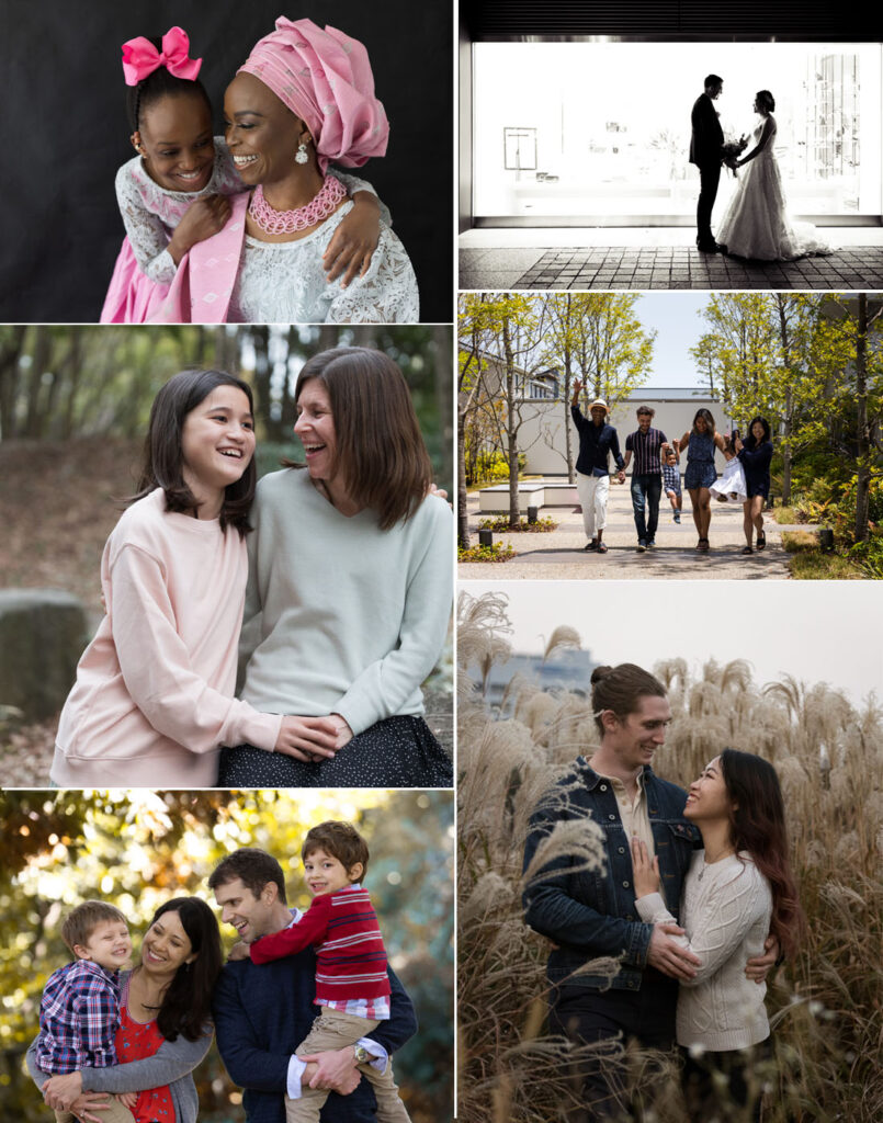 A vertical photo collage of various family photos outdoors - family photography, lifestyle photography, Japan Photography