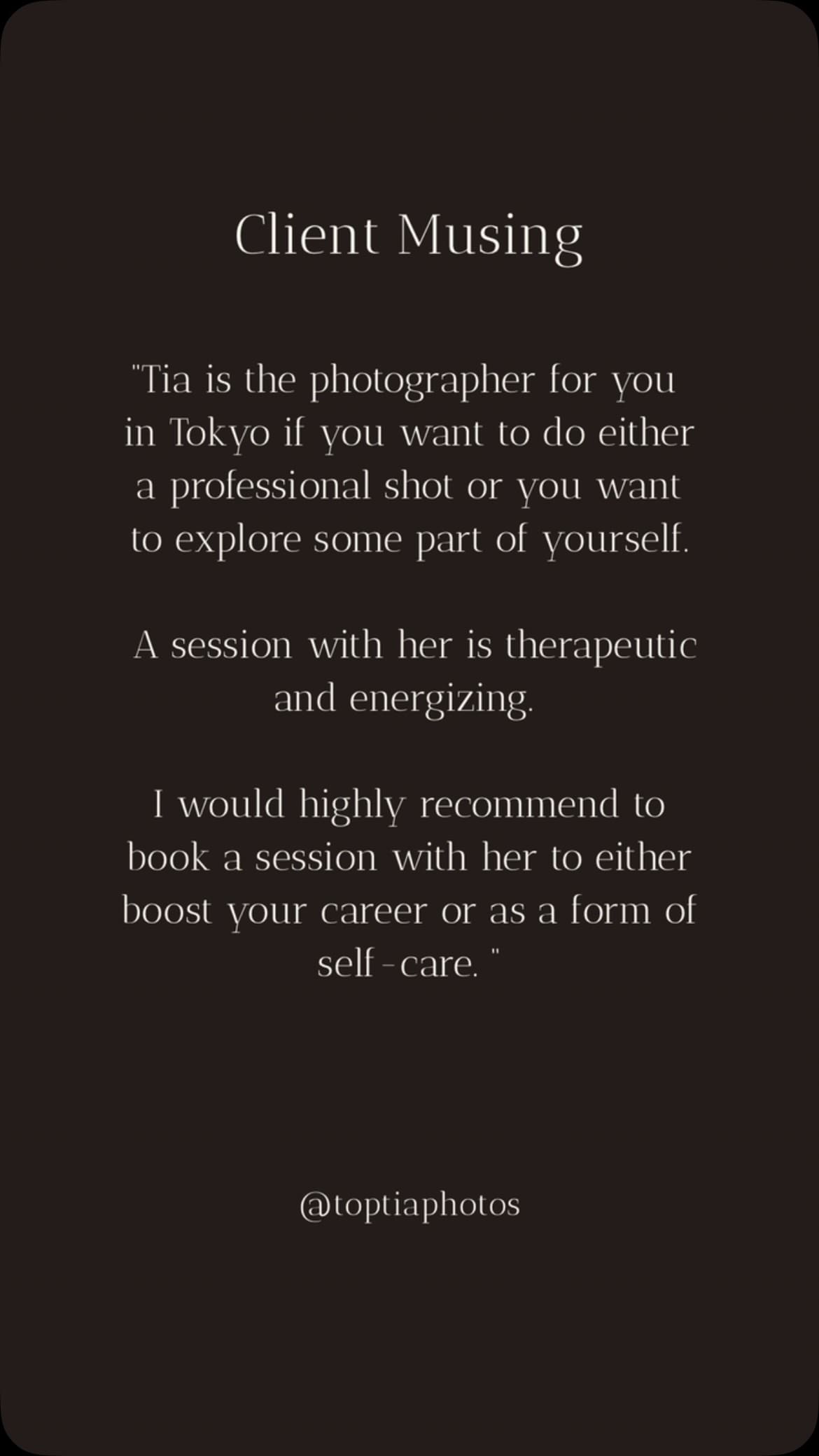 There’s no greater compliment than hearing that a client walked away feeling more confident, more seen, and more like themselves. Our headshot and portrait photography sessions help clients:Build a stronger personal brand.
Step into new opportunities with confidence.
Celebrate milestones that deserve to be remembered.
See themselves with fresh eyes.If you’re building your career, celebrating a milestone, elevating your leadership presence, or simply choosing yourself for once, every session is designed to meet you where you are.We’d love to help you create portraits that feel as true to who you are as this experience felt to our client.#toptia #toptiaportaits #photographerintokyo #photographer #tokyo