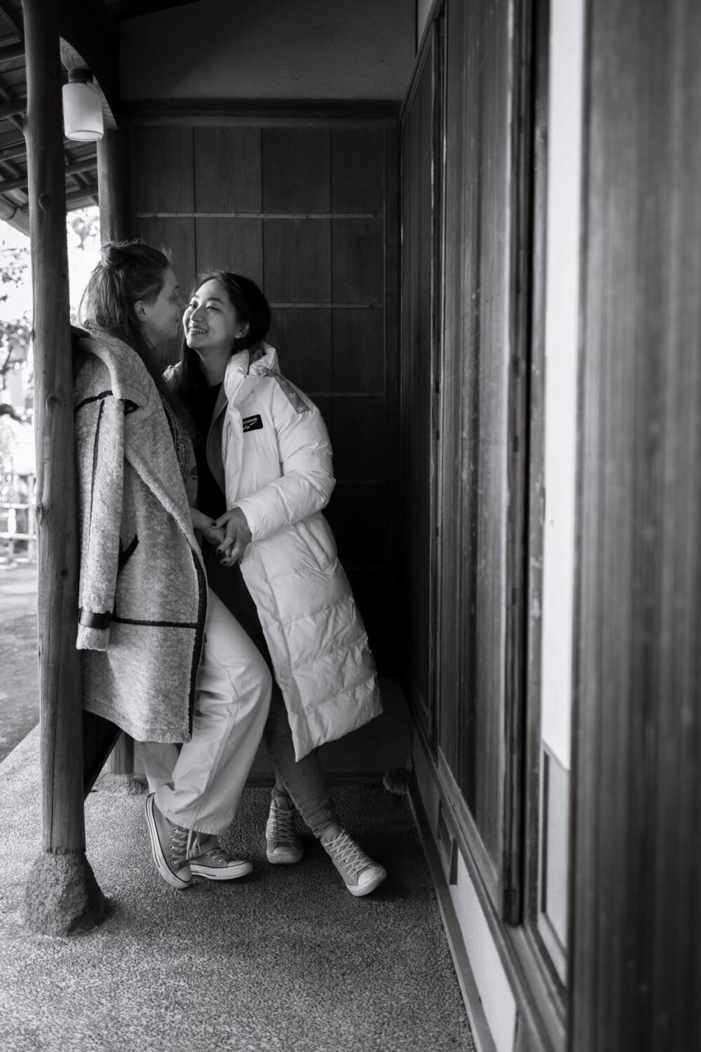 Captured portrait of two women with happy faces in casual outfits - In-the-moment photography style, Japan photographer