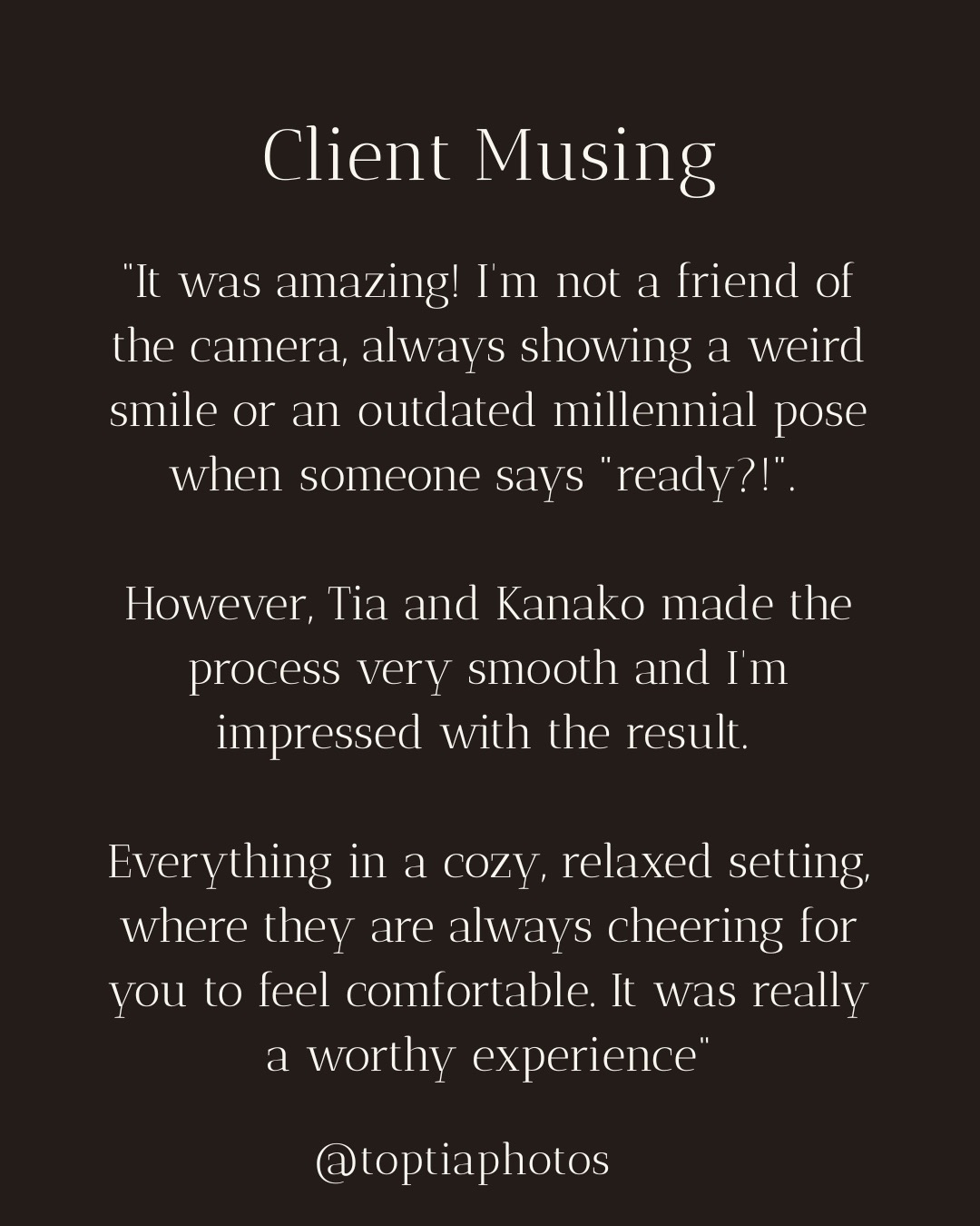Being comfortable in front of the camera doesn’t always come naturally. Sometimes, all it takes is the right direction, a relaxed space and people who know how to bring out the best in you.We loved reading this review because it captures something that matters to us: creating an experience where you can let go of the pressure to “pose” and simply enjoy being photographed.And then seeing the final images makes it all worthwhile. Thank you for trusting us with your portraits.#toptia #toptiaportraits #photographerintokyo #tokyophotographer #portraitphotography