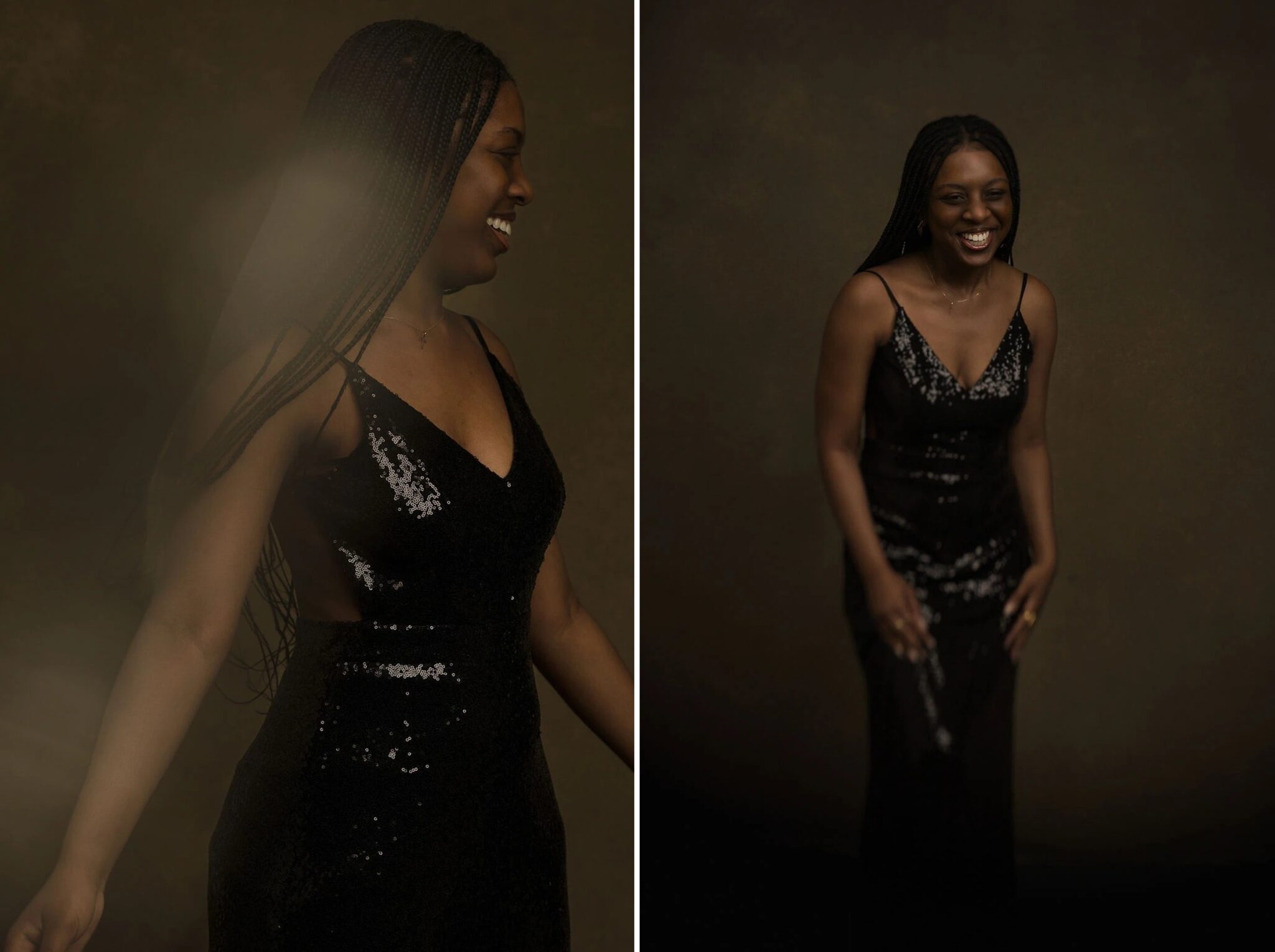 Woman in sequined dress gazes over her shoulder, long braided hair flowing, posed against neutral backdrop. — Branding / Headshots, a session in Tokyo