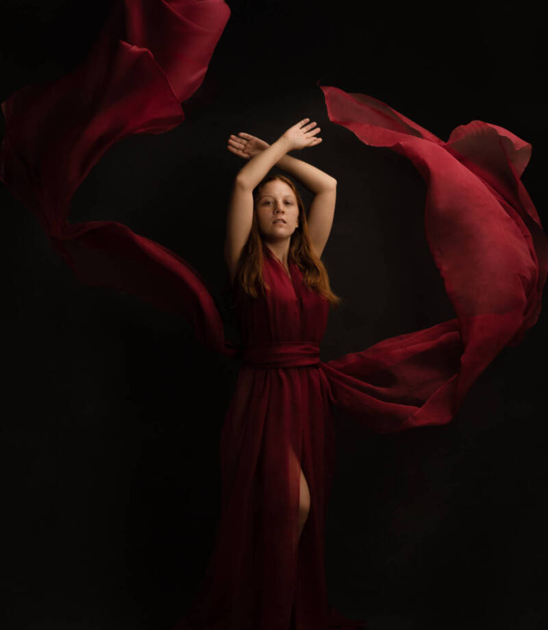 A beautiful headshot of a sexy model posing in a flowing red maxi dress - Model headshot, Modeling in Japan, Headshot photos